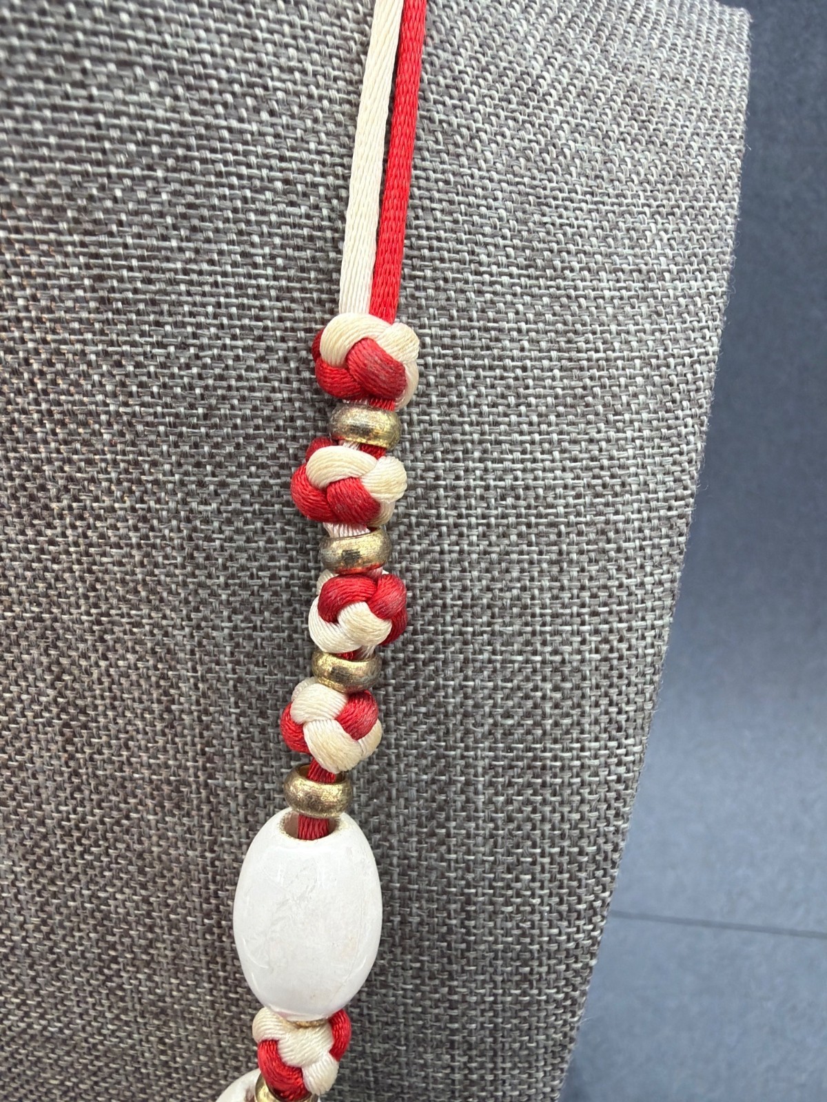 Vintage Knotted Rope Necklace 20 In Red White Iridescent Beads Gold Nautical