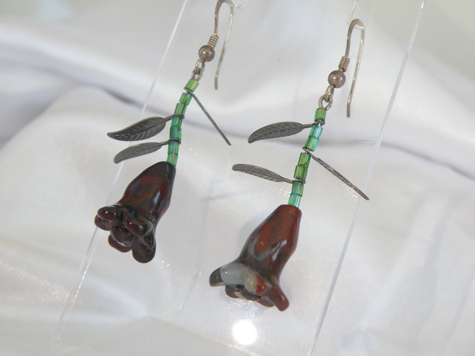 Vintage Sterling Silver 925 Artisan Tulip Flower Carved Stone Dangle Earrings