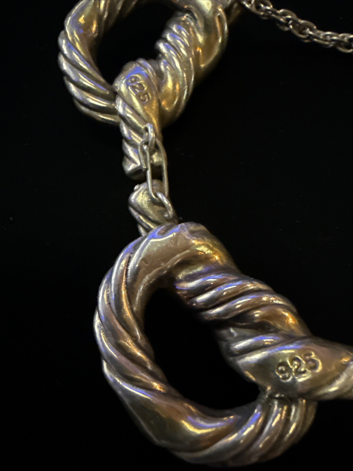 Vintage “RARE ” 925 Sterling Silver W/touch Gold 5 Knotted Rope Necklace 15.5