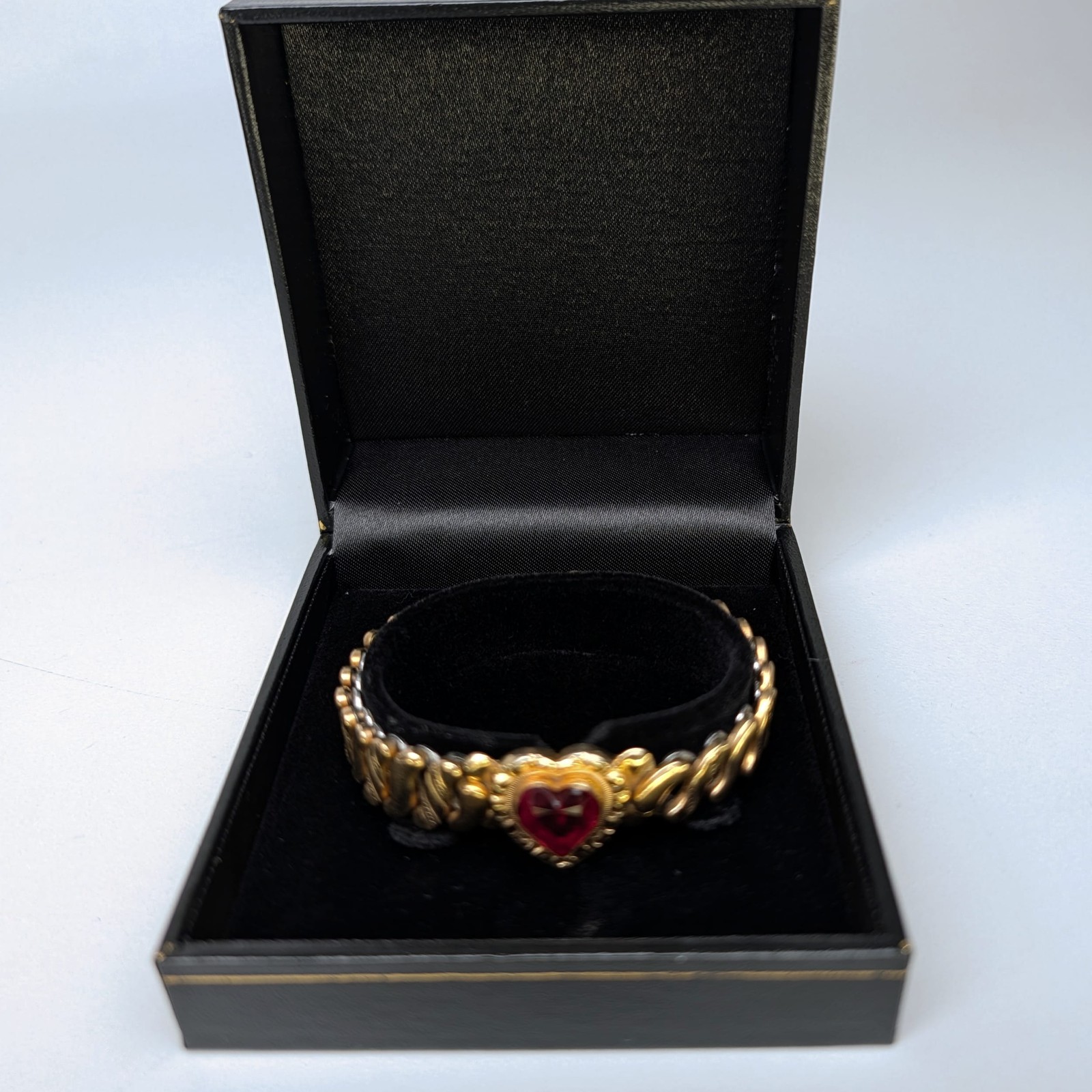 Carmen D.F.B. Sweetheart Ruby Red Heart Gold Filled Expansion Bracelet Vintage