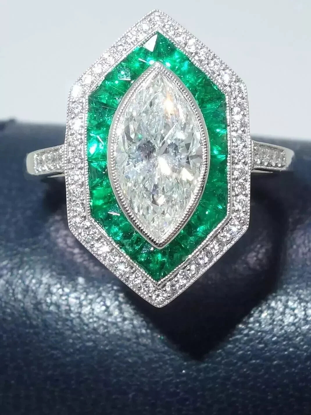Art Deco Vintage Style Marquise Lab Created Diamond Emerald Wedding Silver Ring