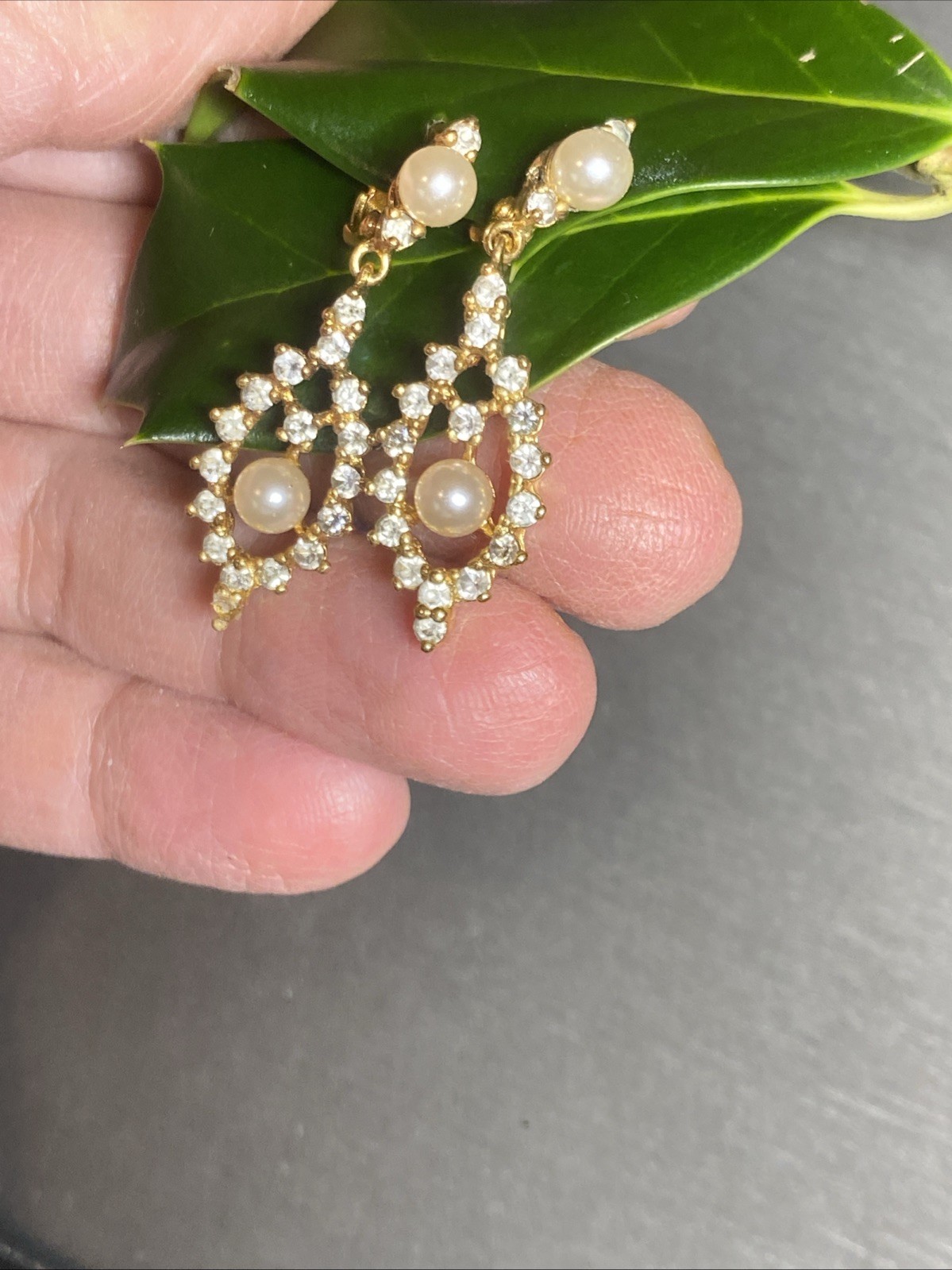 Vintage Pearl Earrings Estate Jewelry Pre-owned Gold Plated Crystal Lozenge Drop