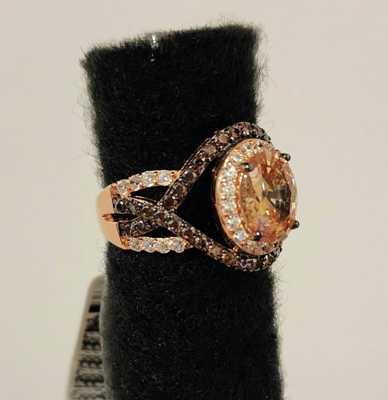Champagne Brown & White Cubic Zirconia 18k Rose Gold, Sterling Silver Ring, Sz 5