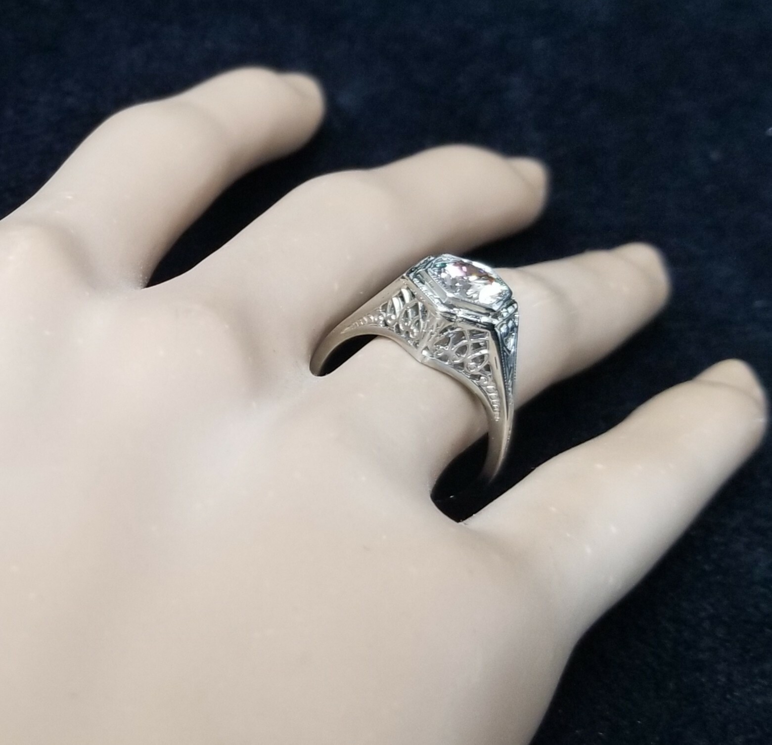 18k White Gold Vintage Engagement Ring 1.10ct.Euro Cut Round Champagne Diamond