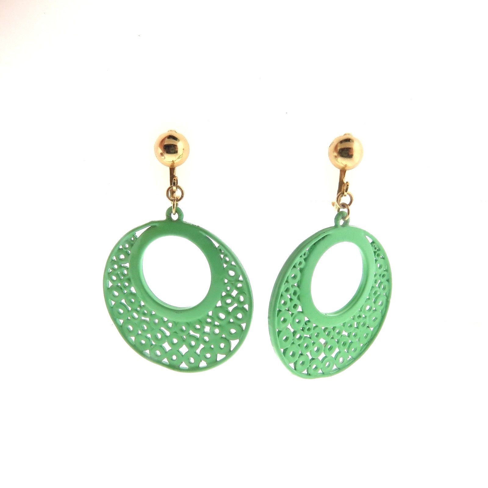 Vintage Clip On Earrings in Green Filigree Circle Dangle 1.5*2 inch