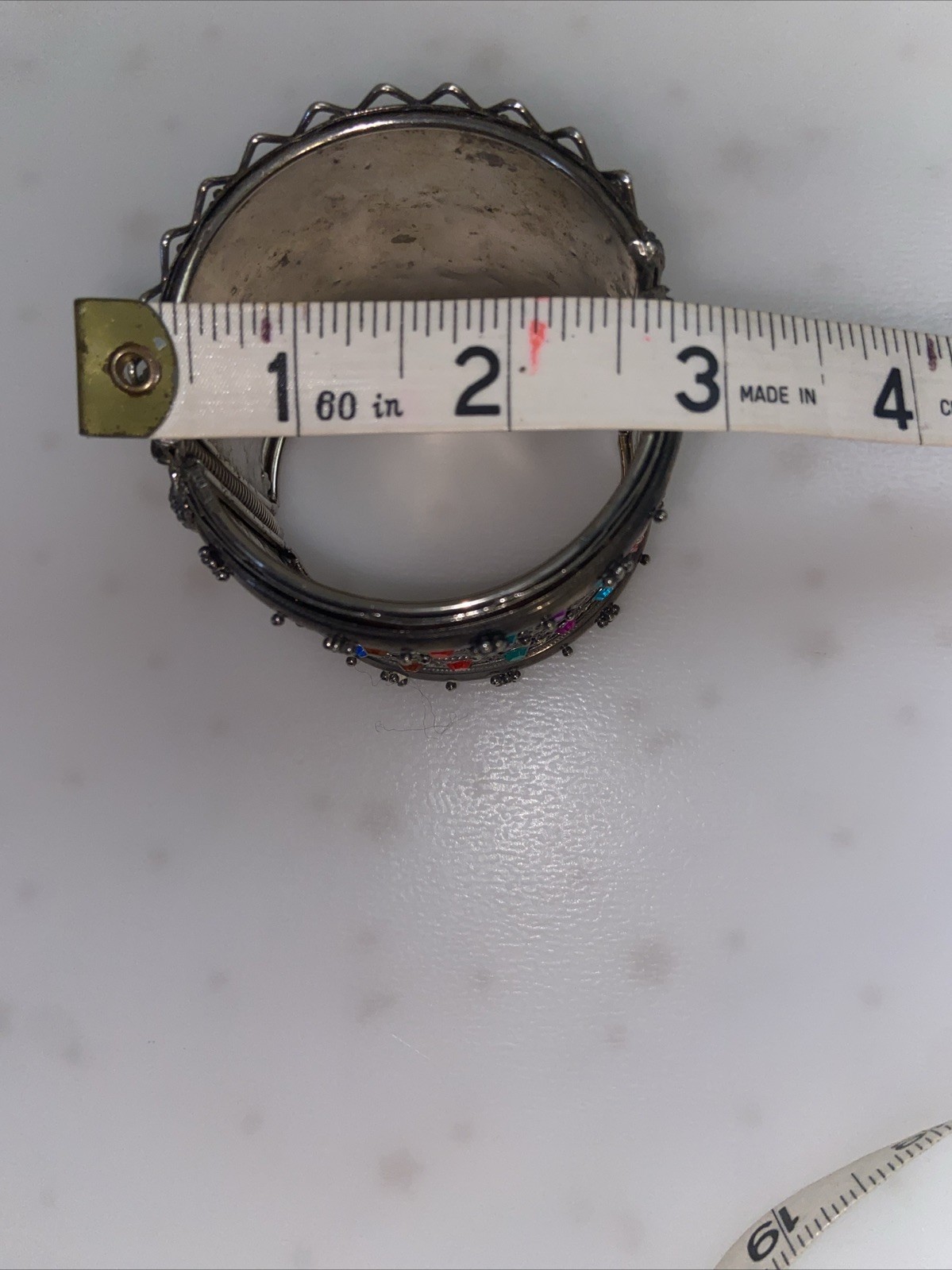 Moroccan 2” Wide Ornate Silver Tone Faux Stones Hinged Belly Dance BRACELET