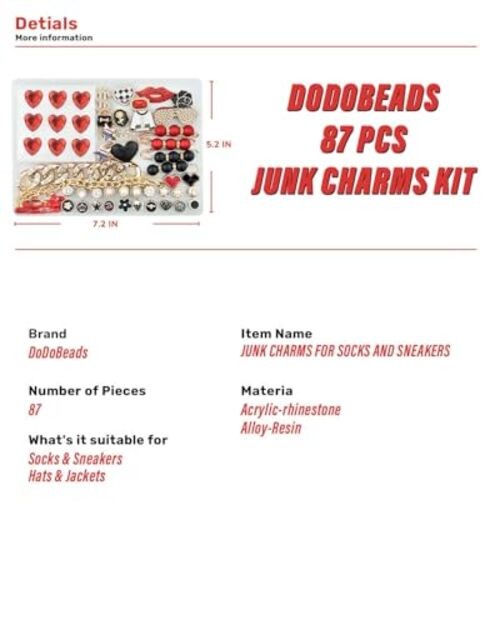 85 Pcs Junk Socks Charms Kit Charms for Socks, Brooches and Pins Black and Red