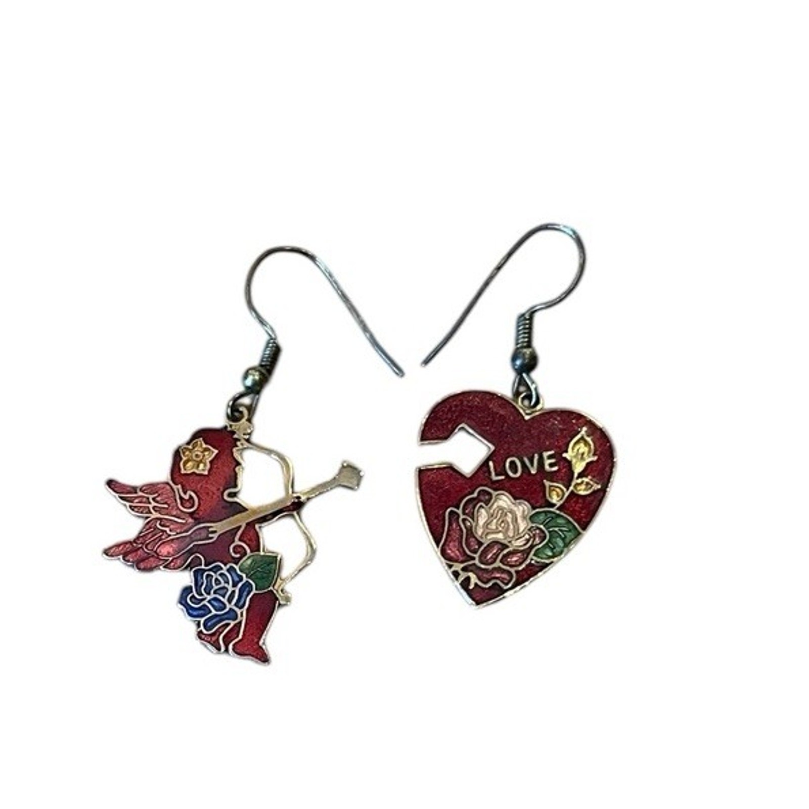 VTG Cloisonné Enamel Earrings Heart Love & Cupid 2” Gold Colored Metal 1980s