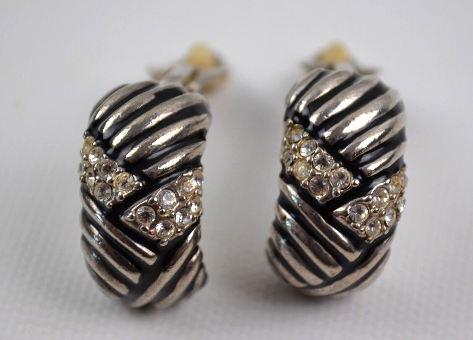 Vintage Silver Tone & Black Clip On Earrings with Clear Rhinestones 1.25″