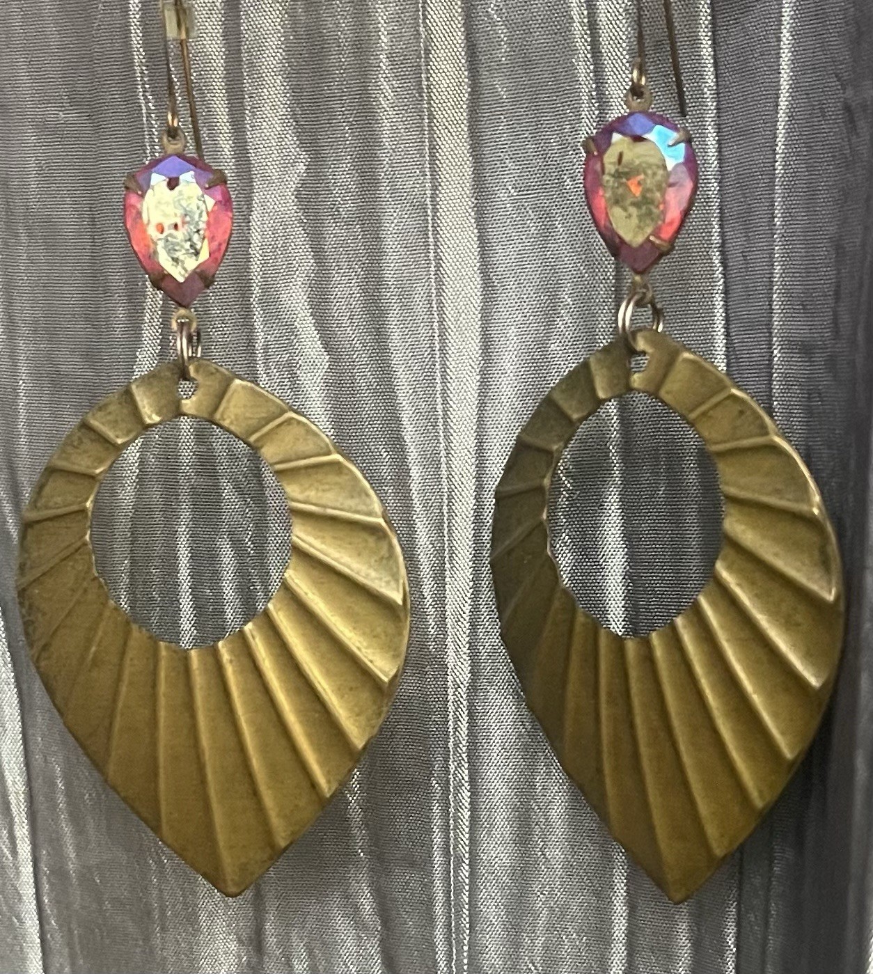 Brass Leaf Sun Shape Earrings Red Iridescent Glass Flare