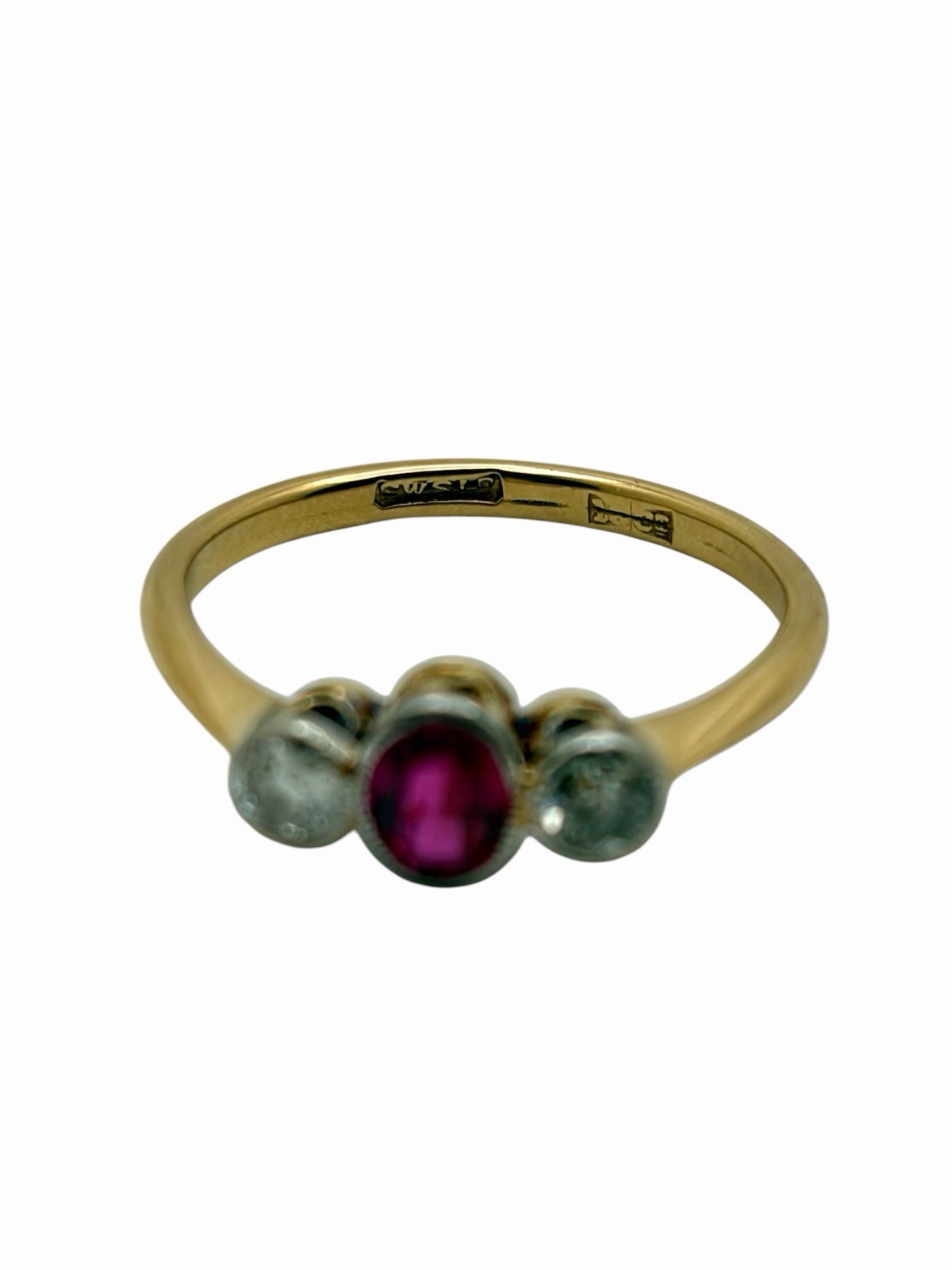 Antique Edwardian 18K Gold 3 Stone Ruby & Old European Cut Diamond Ring Size 6.5