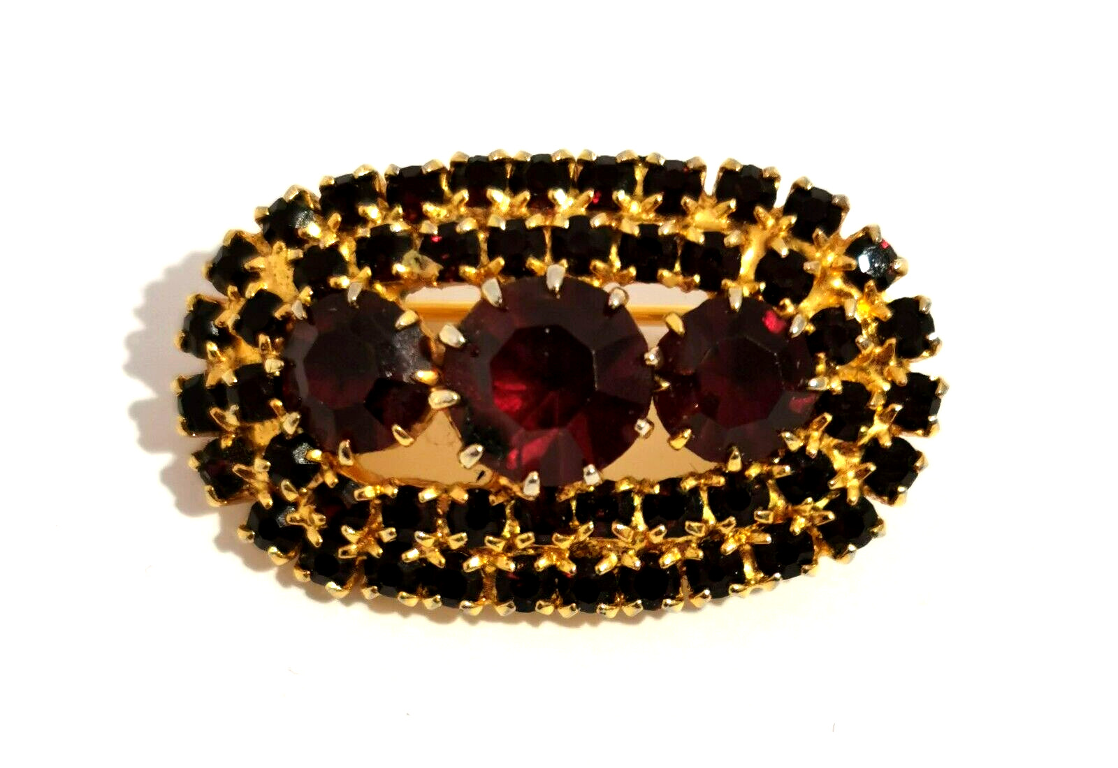 Vintage Czech Brooch Dark Red Rhinestones Glass Handmade Elliptical Shape Design