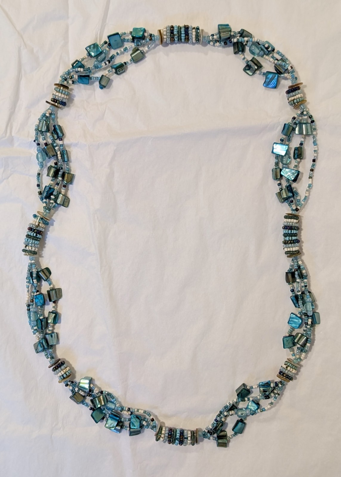 4 Strand Layered Necklace with Blue Dyed Abalone MOP and Glass Beads 30.5 inches