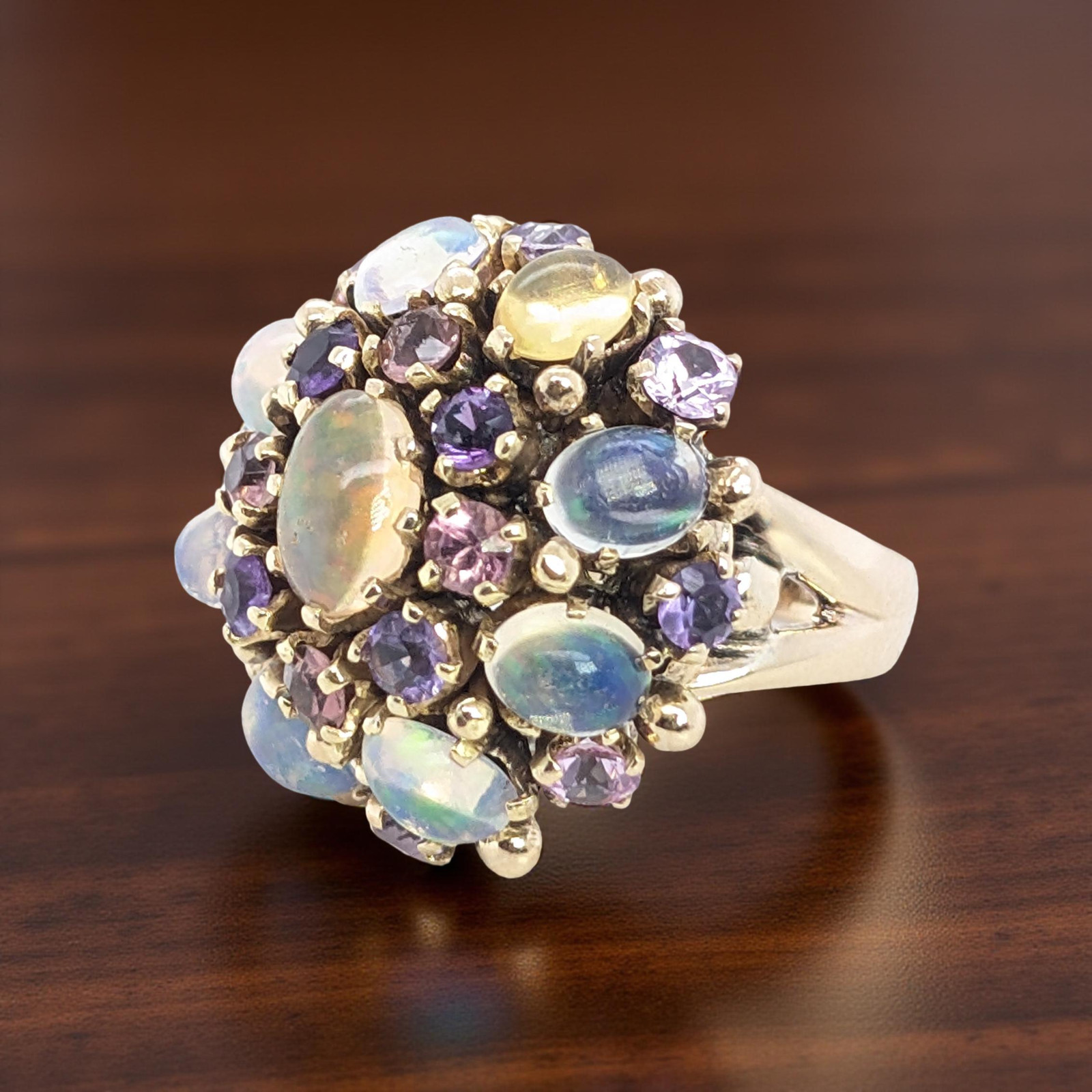 ESTATE SOLID 14K YELLOW GOLD OPAL PINK PURPLE GEMSTONE RING SIZE 4.25 #8037