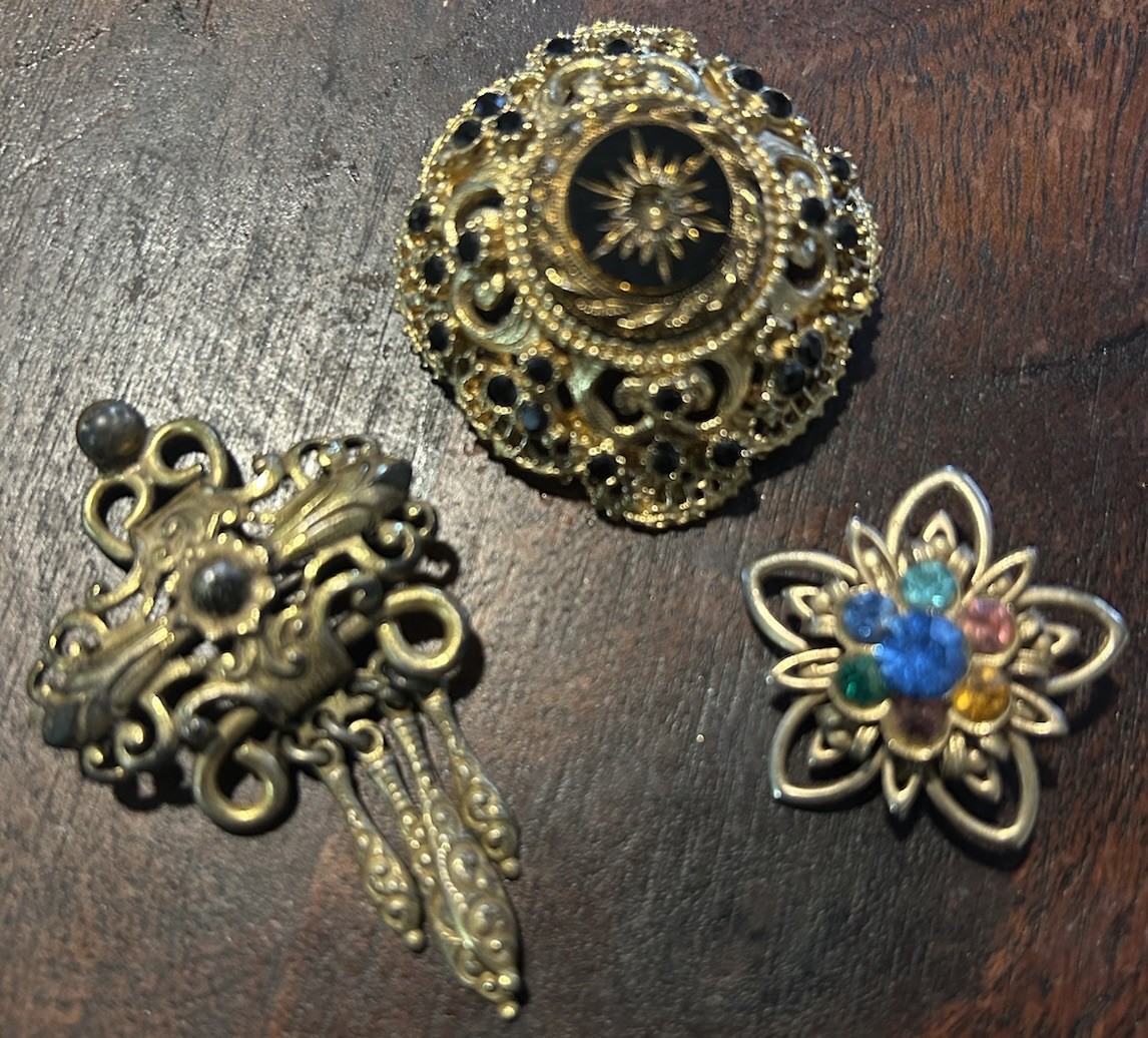 Three Antique Brooches Gold Tone with Rhinestones And Black Onyx Read Notes