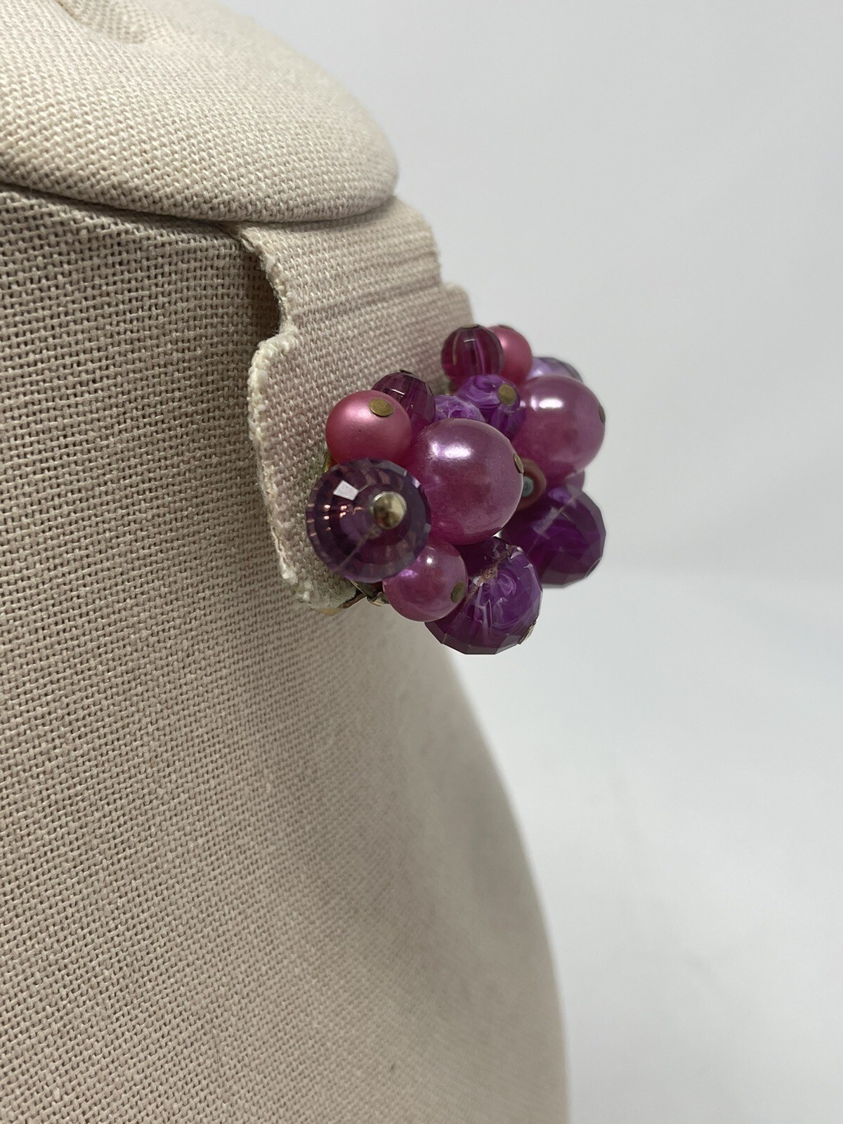 Vintage Zentall Purple Bead Cluster Clip On Earrings Faceted Crystal Faux Pearl
