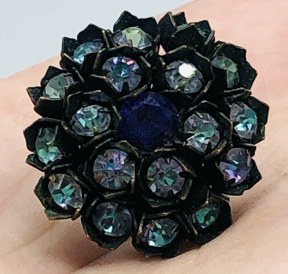 RARE MIRIAM HASKELL Signed Purple and Blue CRYSTAL FLOWER CLIP BACK EARRINGS