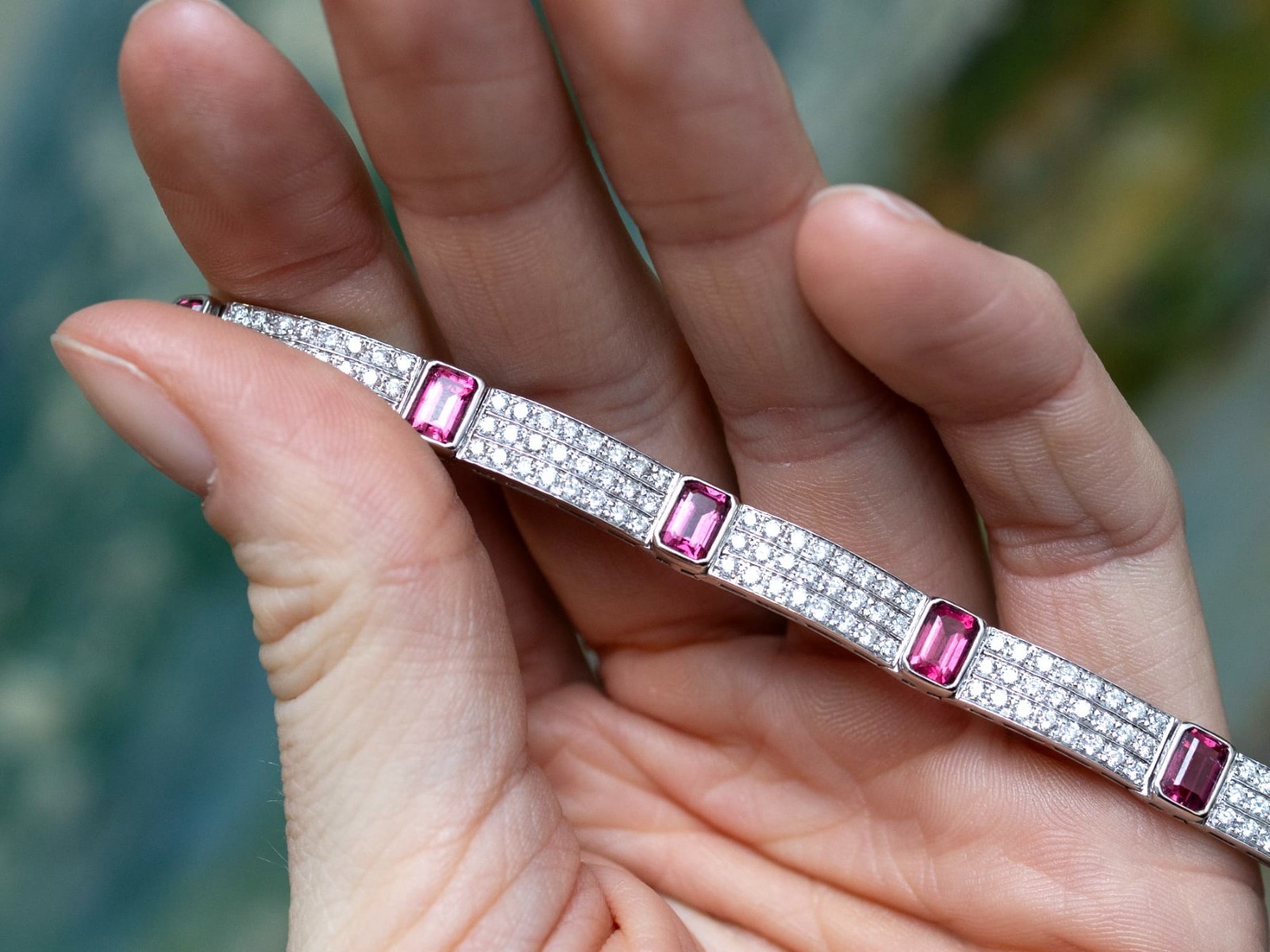 7.80Ct Pink Tourmaline and 6.72Ct Diamond 18k White Gold Bracelet Circa 1990