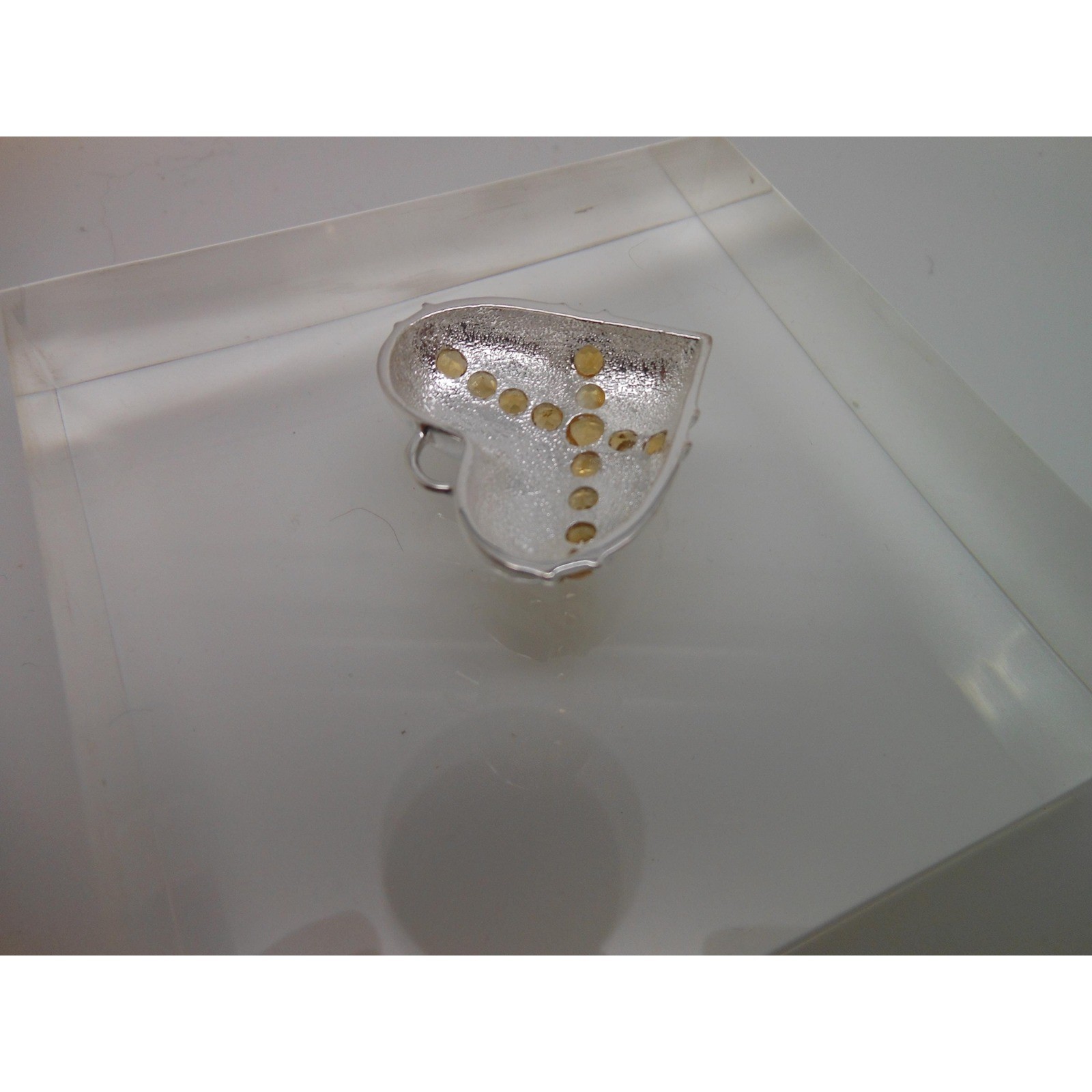 1990s Vintage Citrine Sterling Silver Gemstone Necklace Puff Heart Pendant Boxed