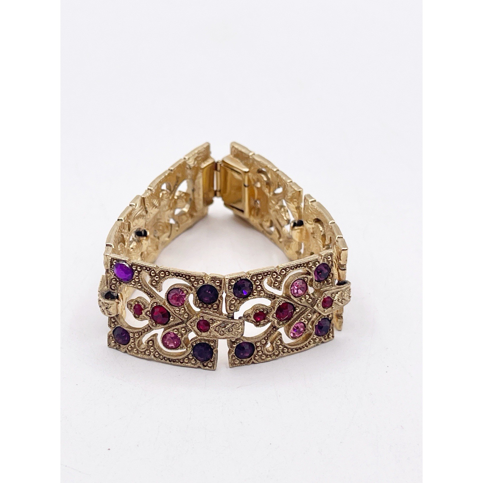 Vintage Gold Tone Panel Bracelet Openwork Filigree Red Purple Pink Rhinestones