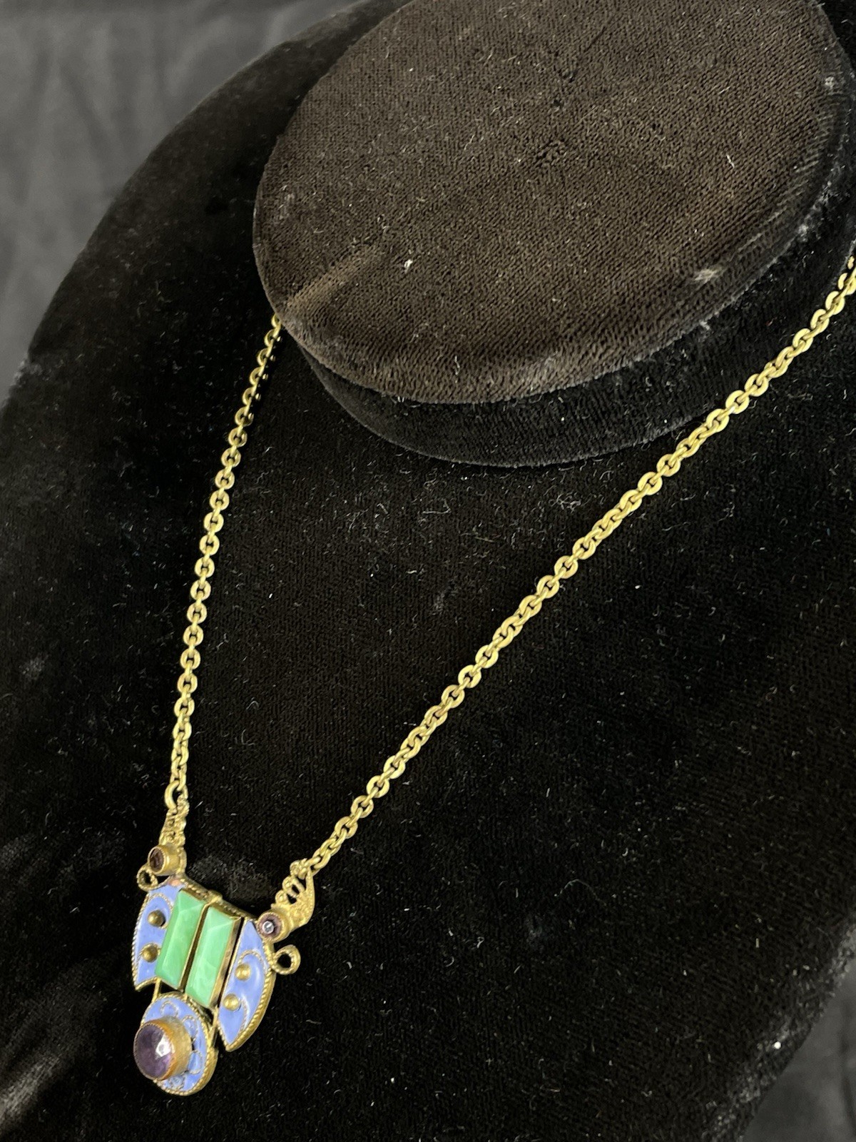 Art Deco Bright Blue Enamel With Green & Purple Stones 13”Choker Necklace
