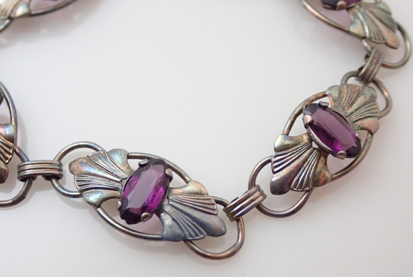 Vintage 12k Gold Filled Sterling Silver Purple Glass Stone Link 7.25″ Bracelet