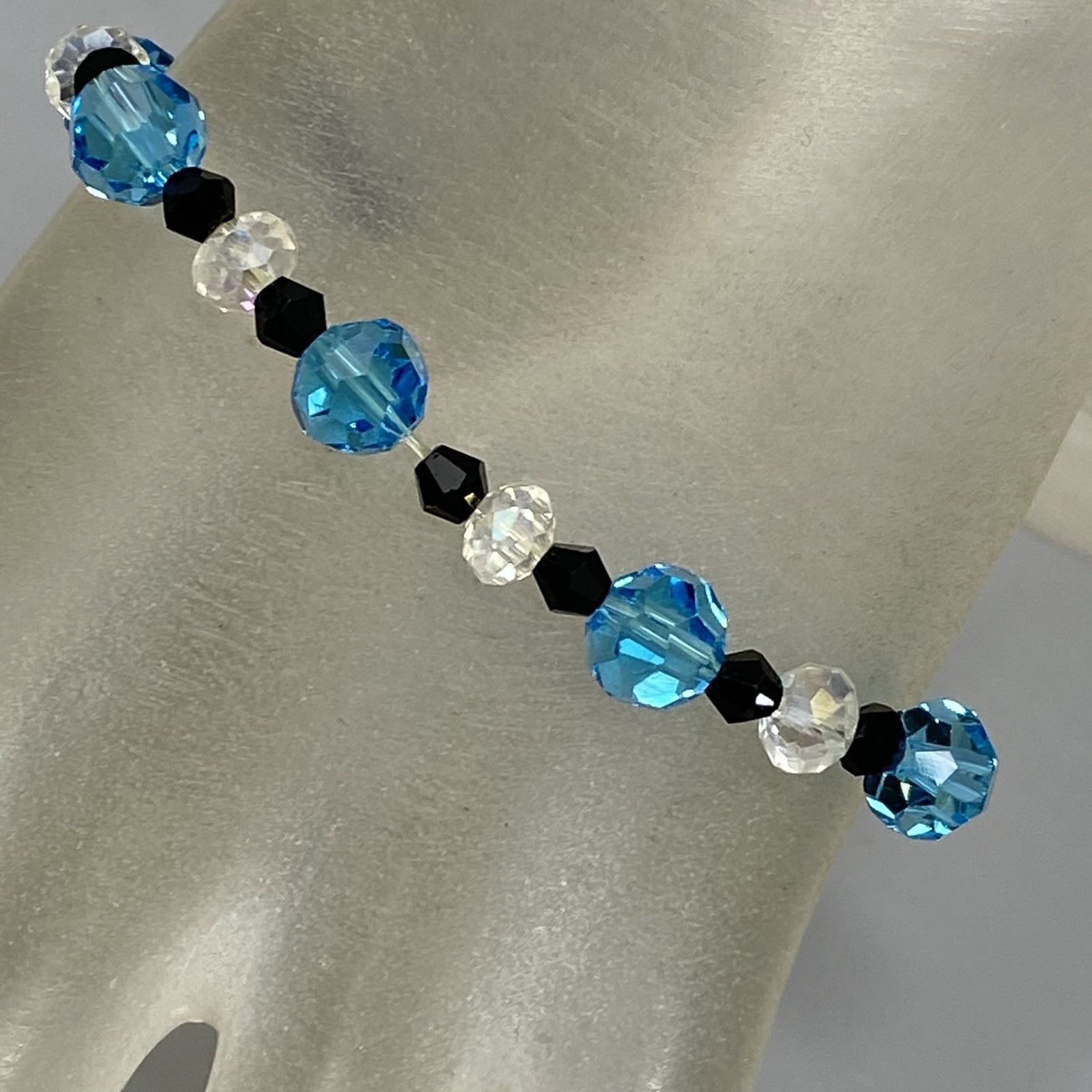 Blue Glass Beaded Bracelet Clear Black Faceted Fire Polished Stretch Elastic 7″