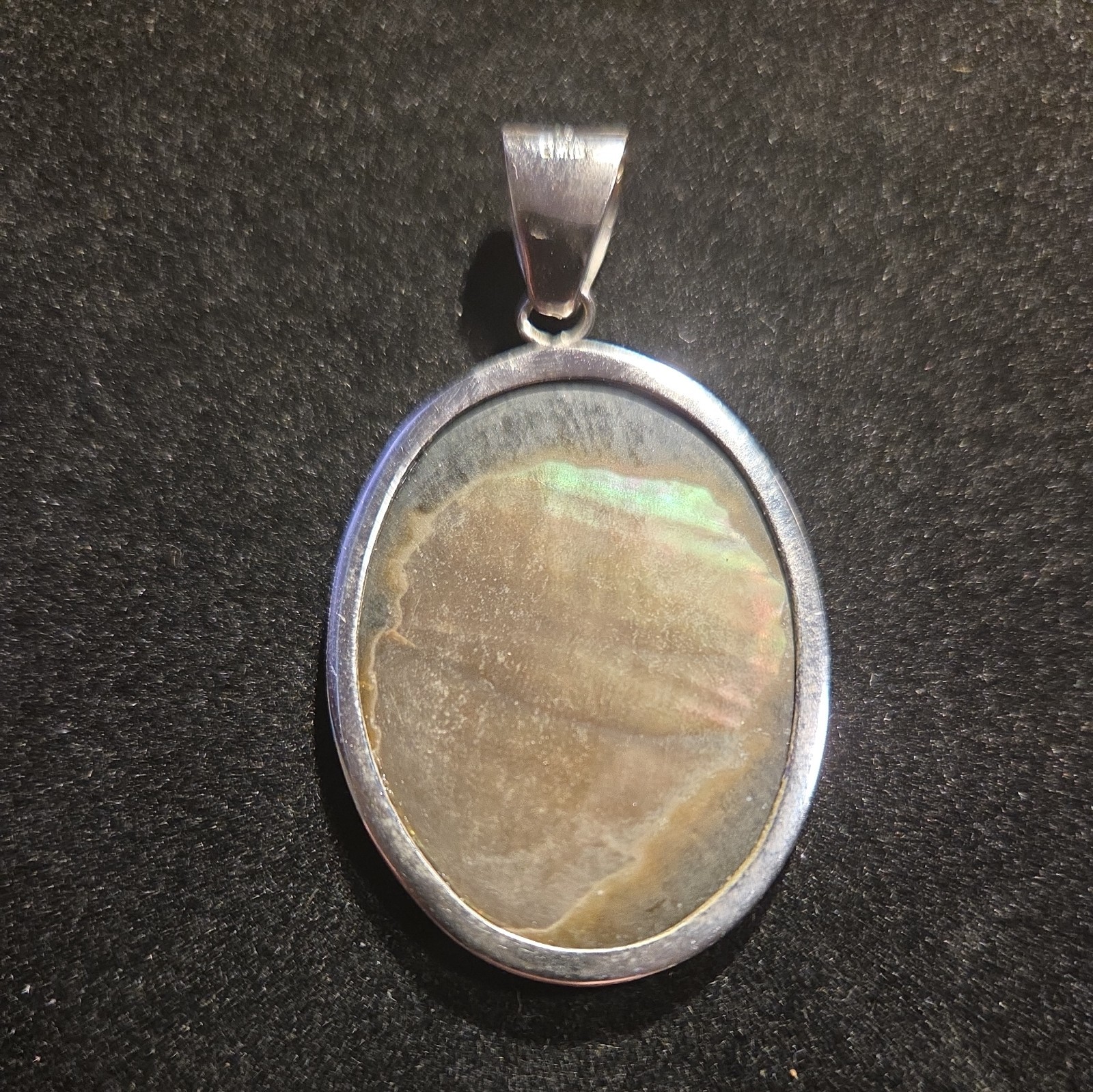 LS China Silver Tone Metal and Carved Abalone Shell Cameo Pendant 6.5g 2 Inches
