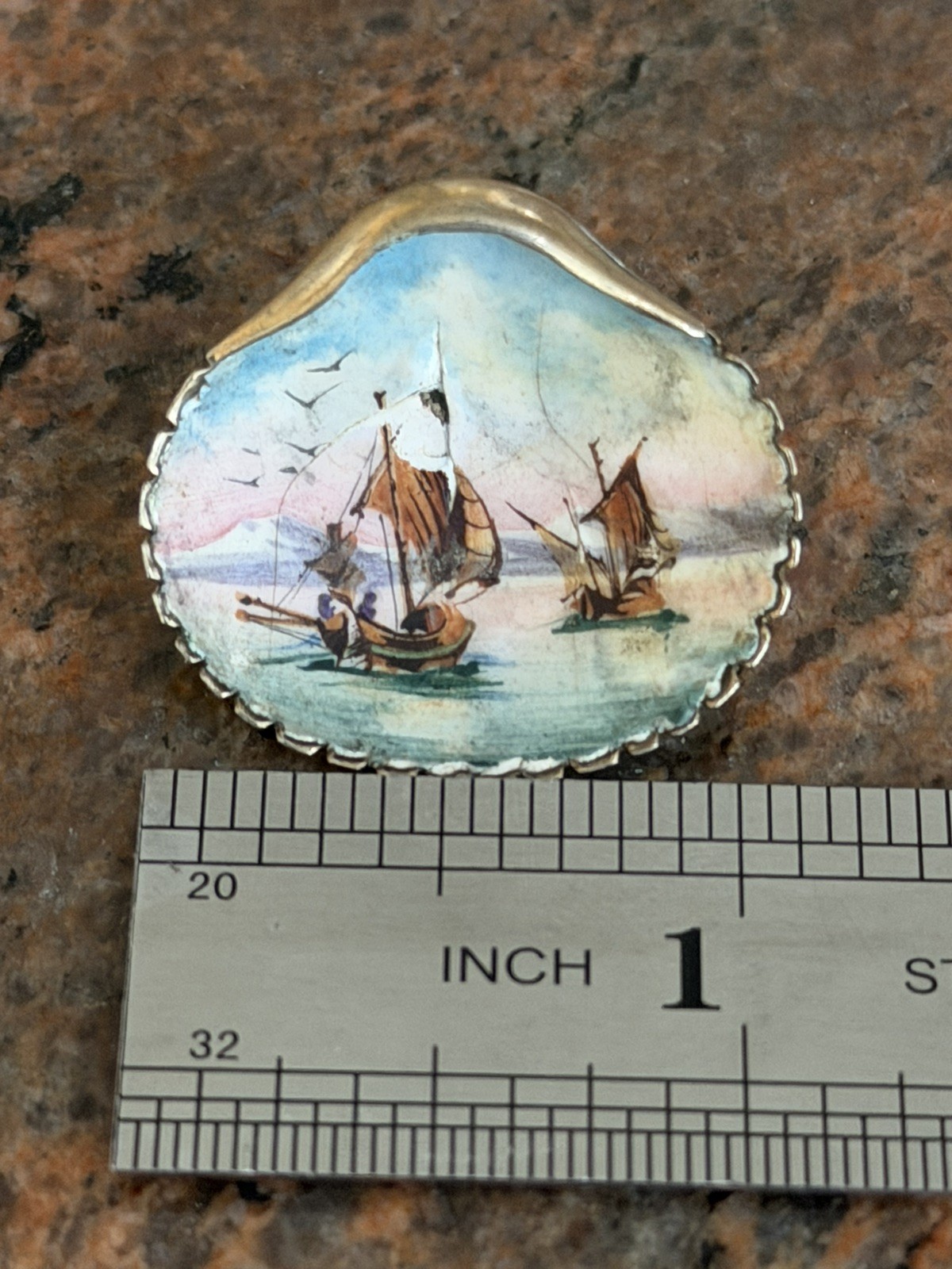 Antique Collectibles 800 Silver China Hand-Painted Sailboat Brooch Rare