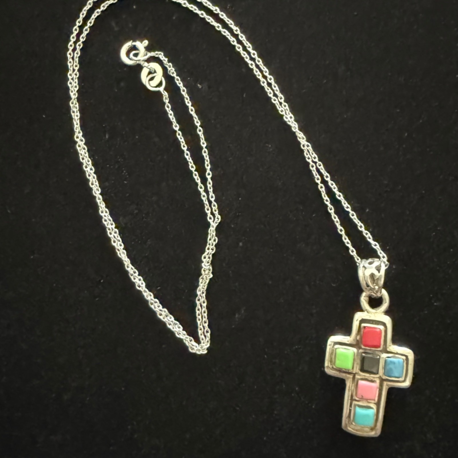 Vintage Cross Pendant Necklace Sterling Silver Turquoise Colorful Rainbow Stones