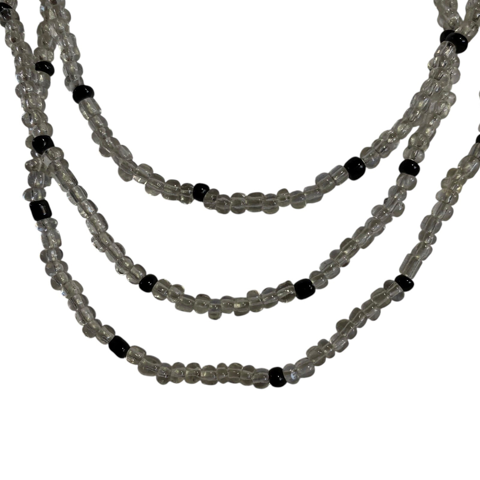 Vintage 54” Black Clear White Glass Beaded Necklace Handmade Layering Boho Craft