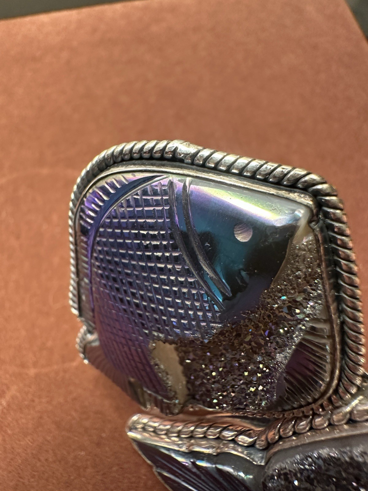 Amy Kahn Russell Ring Sterling Blue Druzy Fish Quartz Carved 925 Brooch/Pin