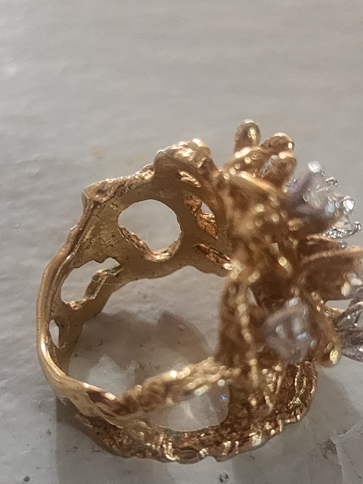 Vintage CZ Brutalist Cocktail Nugget Ring 18k HGE Gold Electroplate Size 4.75