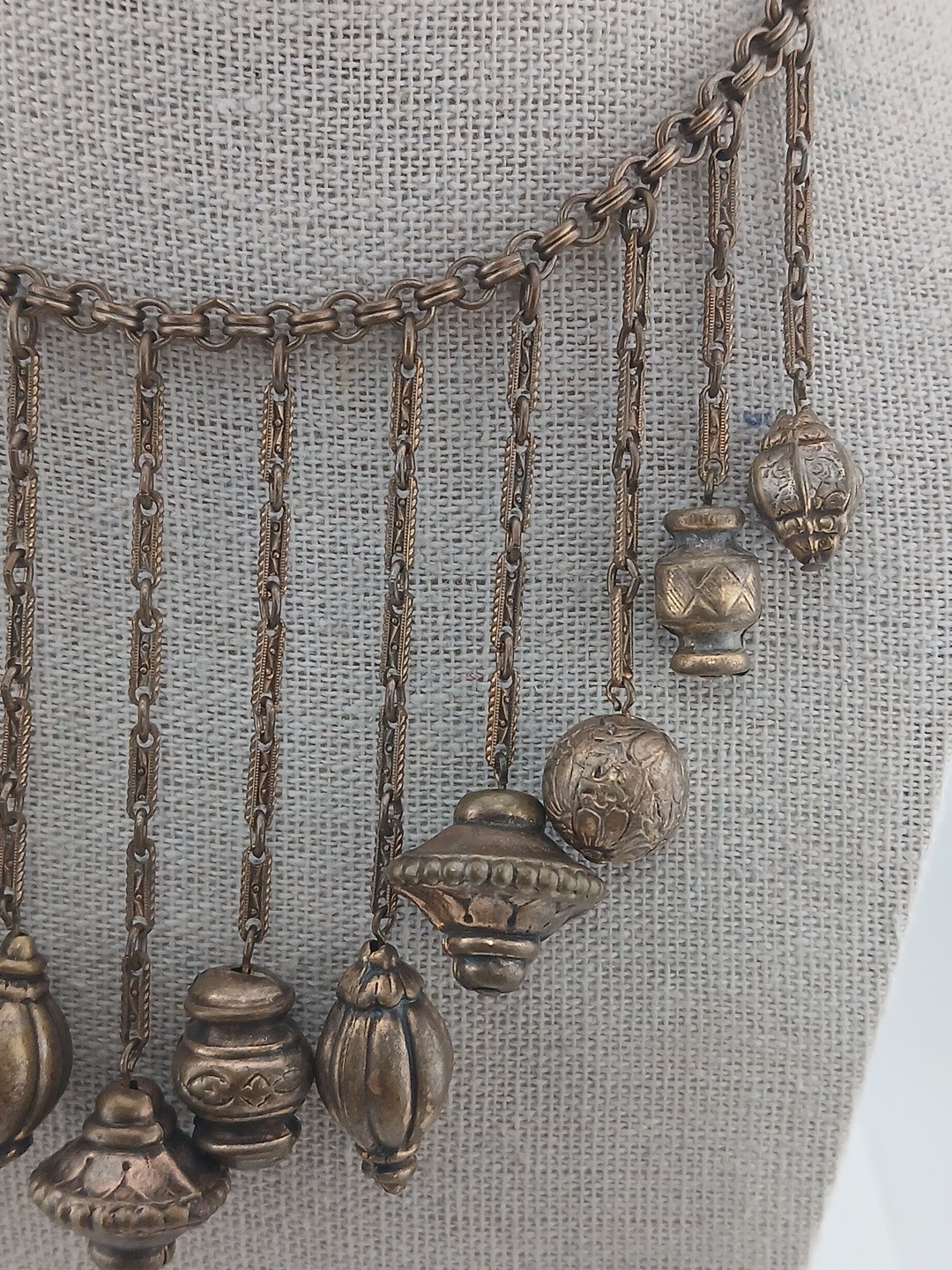 Victorian Revival Russian Gold Festoon Bib Dangling ribbed orbs Collar necklace