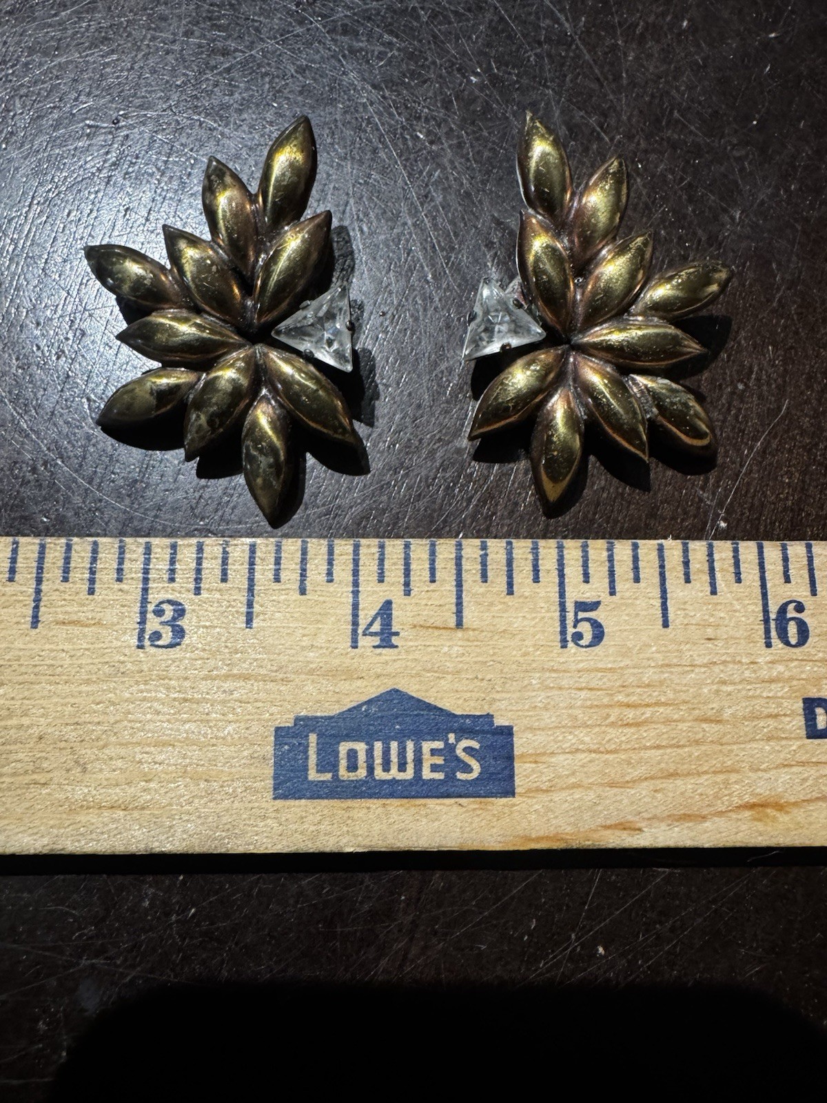 Vintage Brass Leaf Starburst Clip On Earrings Trillion Cut Rhinestone Cluster
