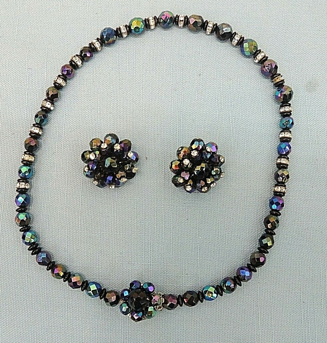 VINTAGE NECKLACE AND CLIP-BACK EARRINGS, BLUE AND PURPLE BEADS