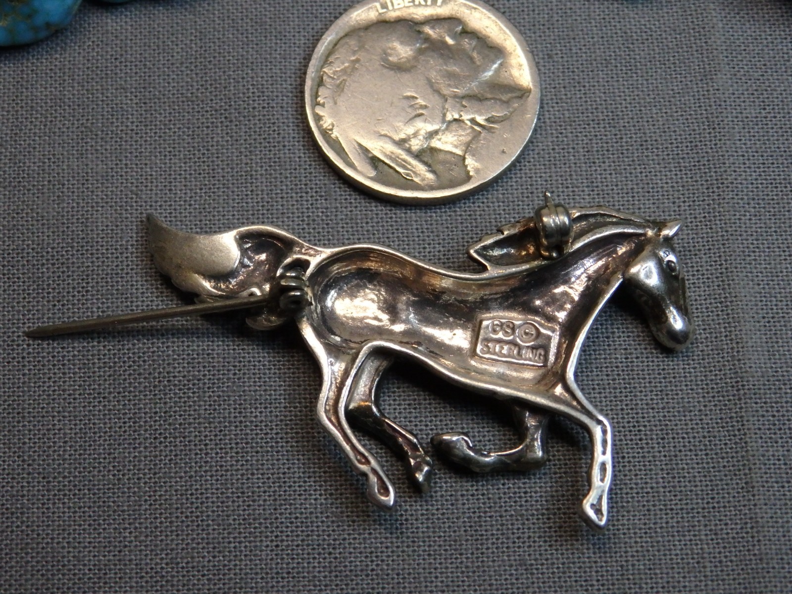 NAVAJO Gus Sandoval Sterling Silver RUNNING HORSE 1.9″ Pin signed 🐎
