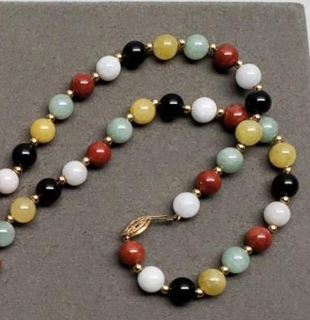 VTG JADE MULTICOLOR NECKLACE 14K Yellow Gold Beads Clasp 8mm Jadite ~55gr WW 25”