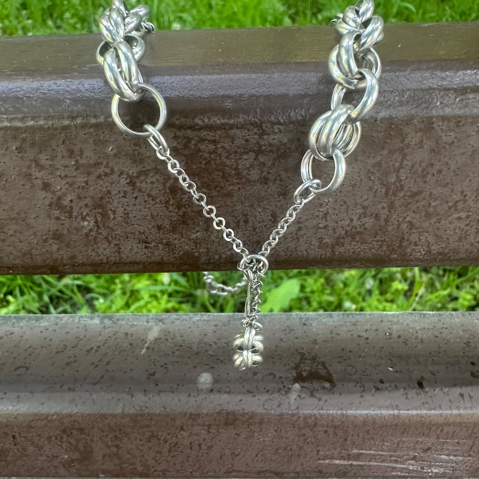 Vintage Italian Sterling Silver Lariat Double Link Rolo Chain Statement Necklace