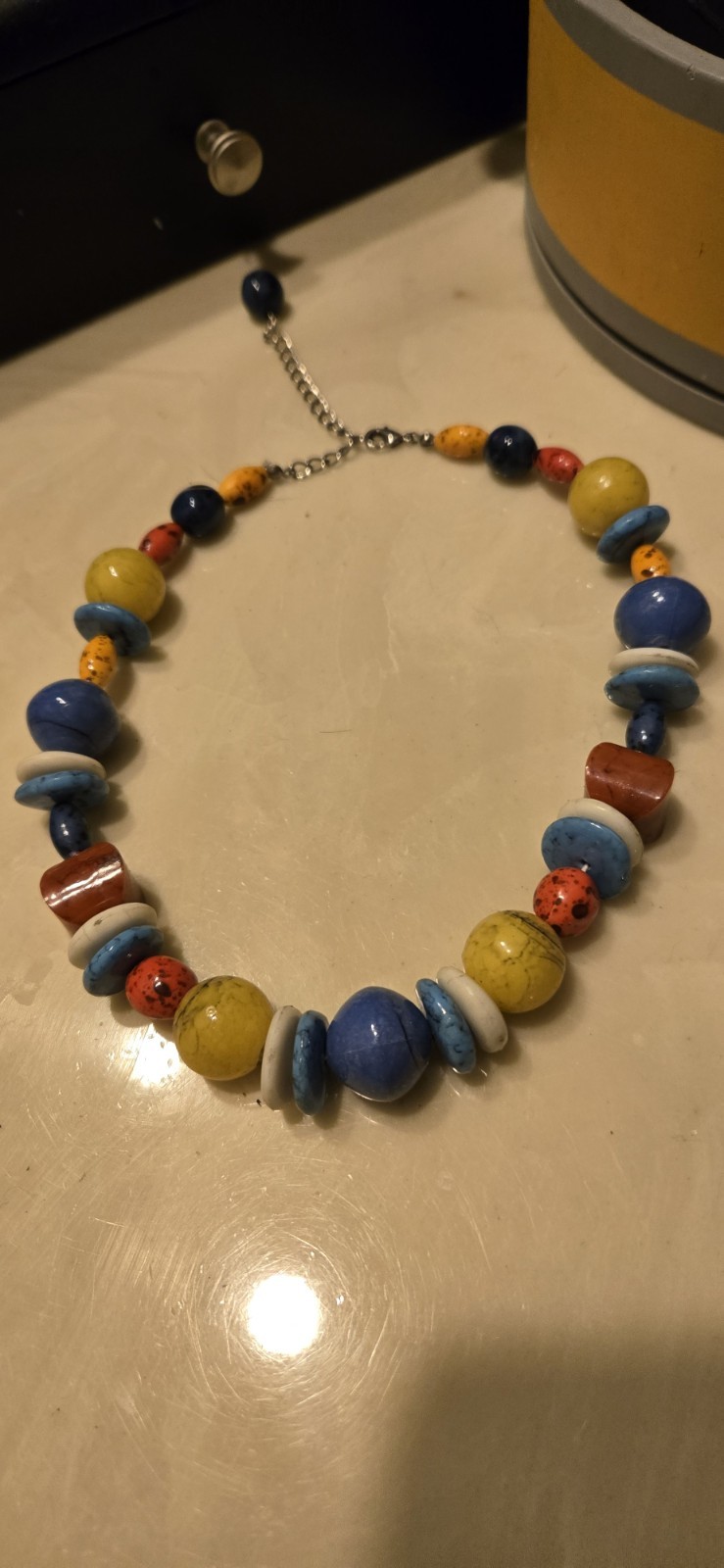 Vintage Acrylic?Glass? Statement 16″ Necklace Blue Yellow Red Lobster Clasp