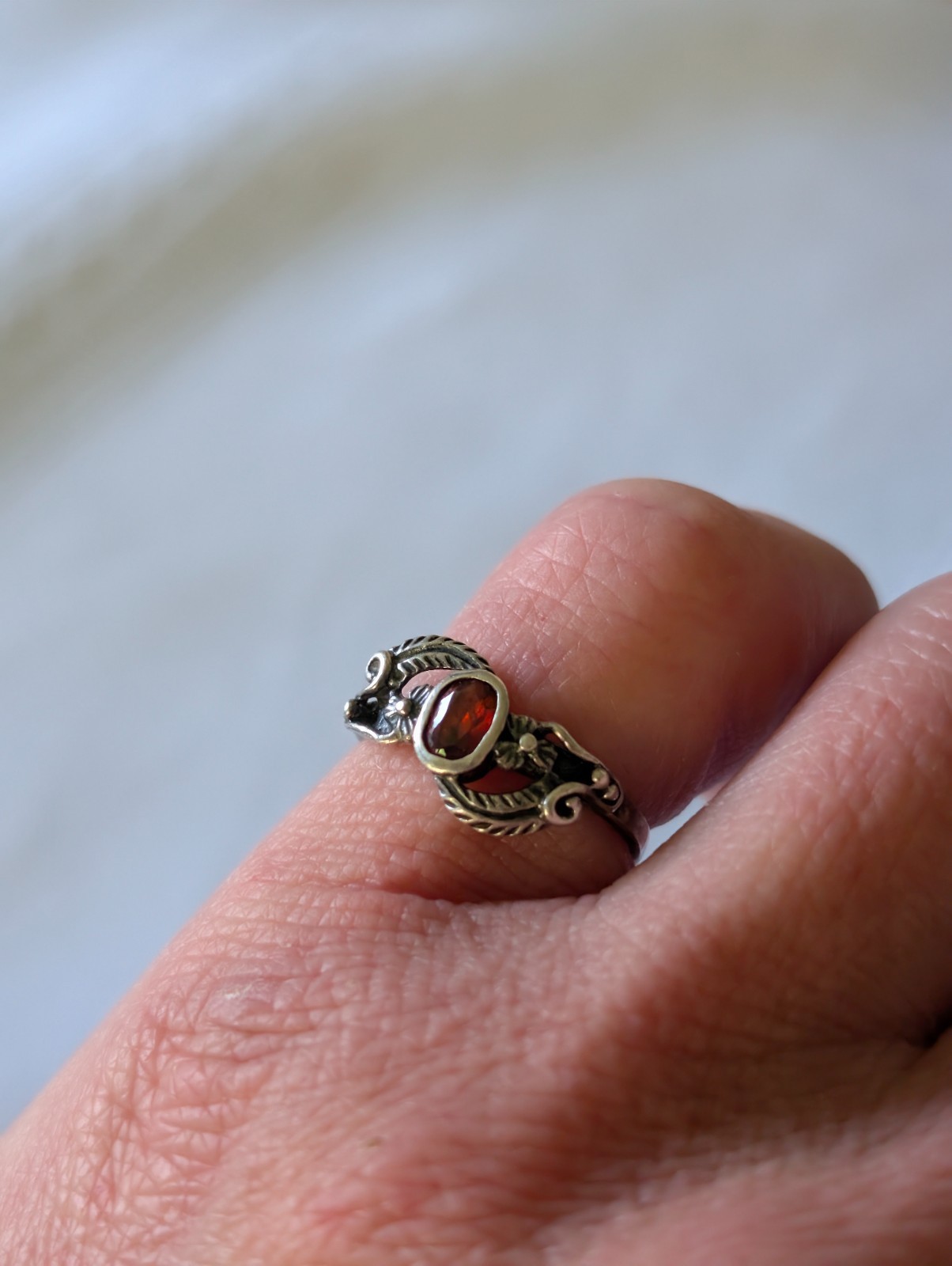 Vintage Sterling Silver Filigree Floral Garnet Pinky Ring Toe Ring Size 3.75