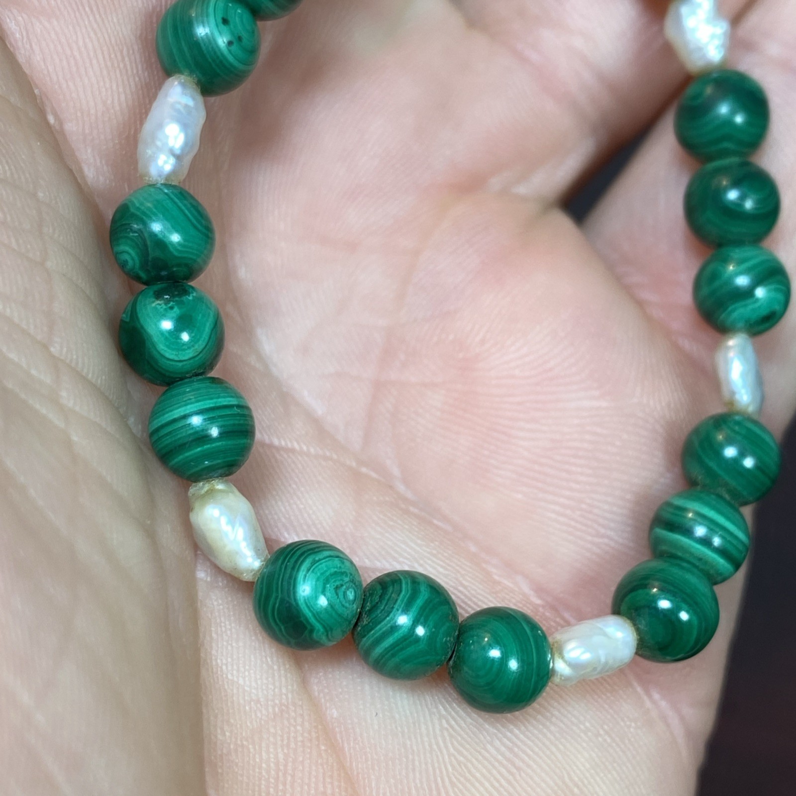 VTG Round Malachite Beads (No Clasp) Fresh Water Pearls Segment Bracelet 6-3/8”