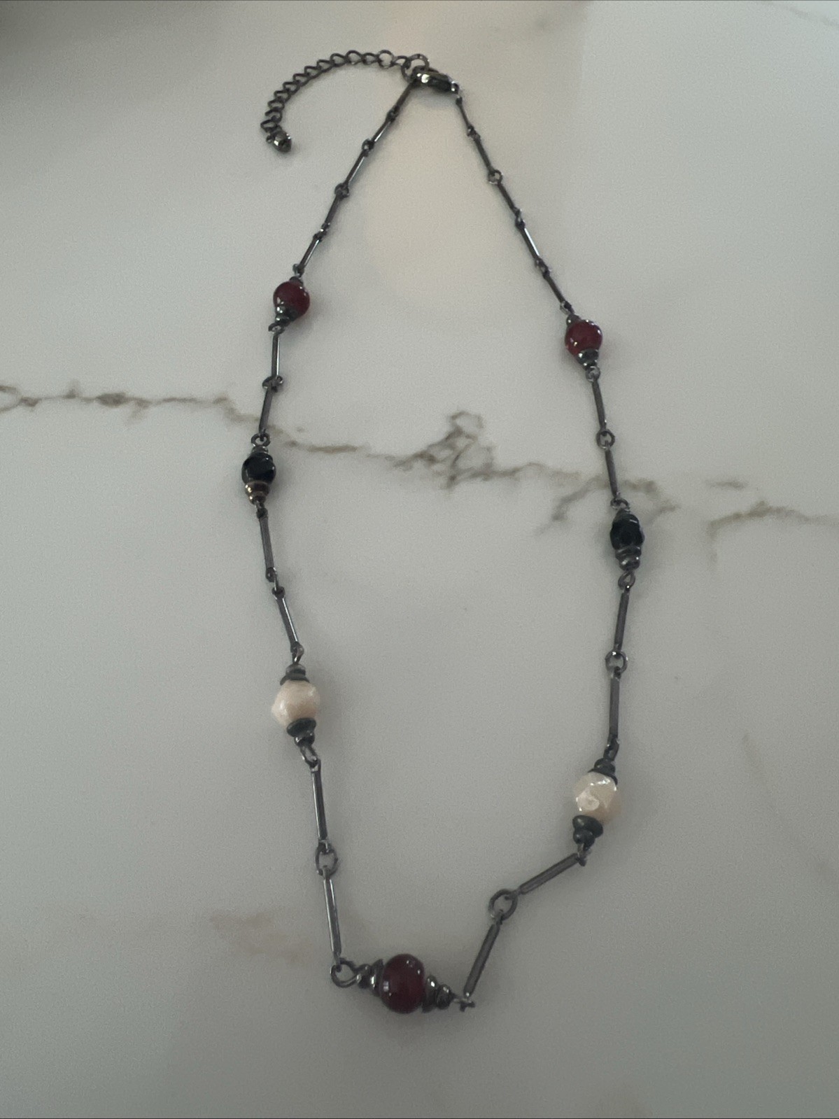 Designer Fringe Necklace Gun Metal Silver Tone Red White Black Glass Beads Chain