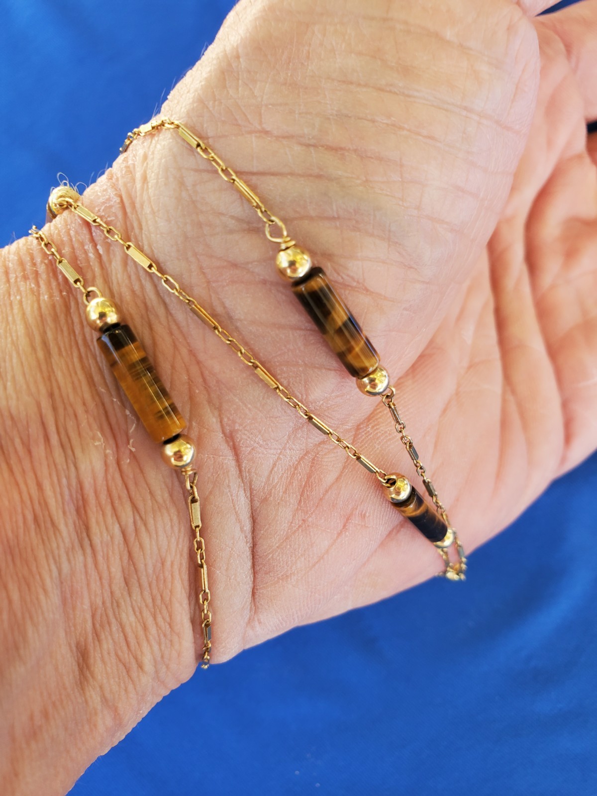 Vintage 14K GOLD Art Deco Tiger eye Statement Necklace Unique Antique Chain 28″