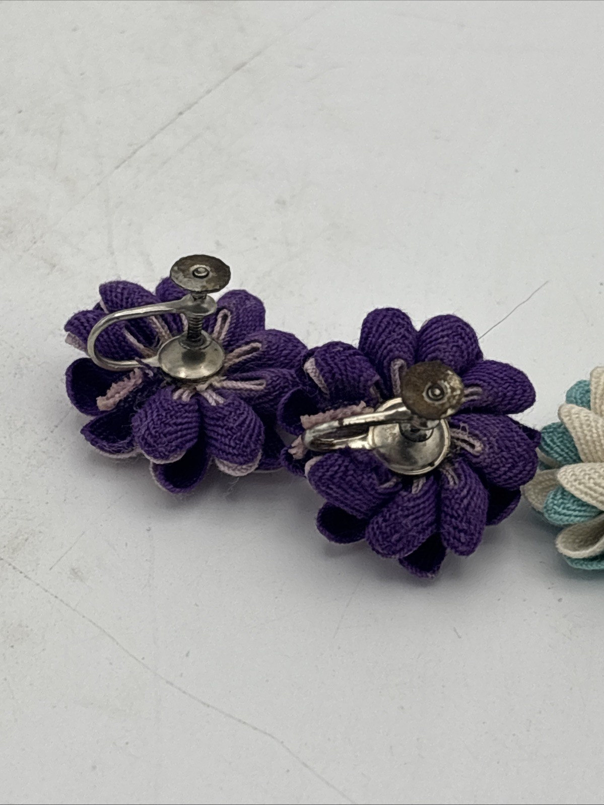 Vintage Earrings Blue & White Purple And White Ribbon Fabric Flower Screw Back