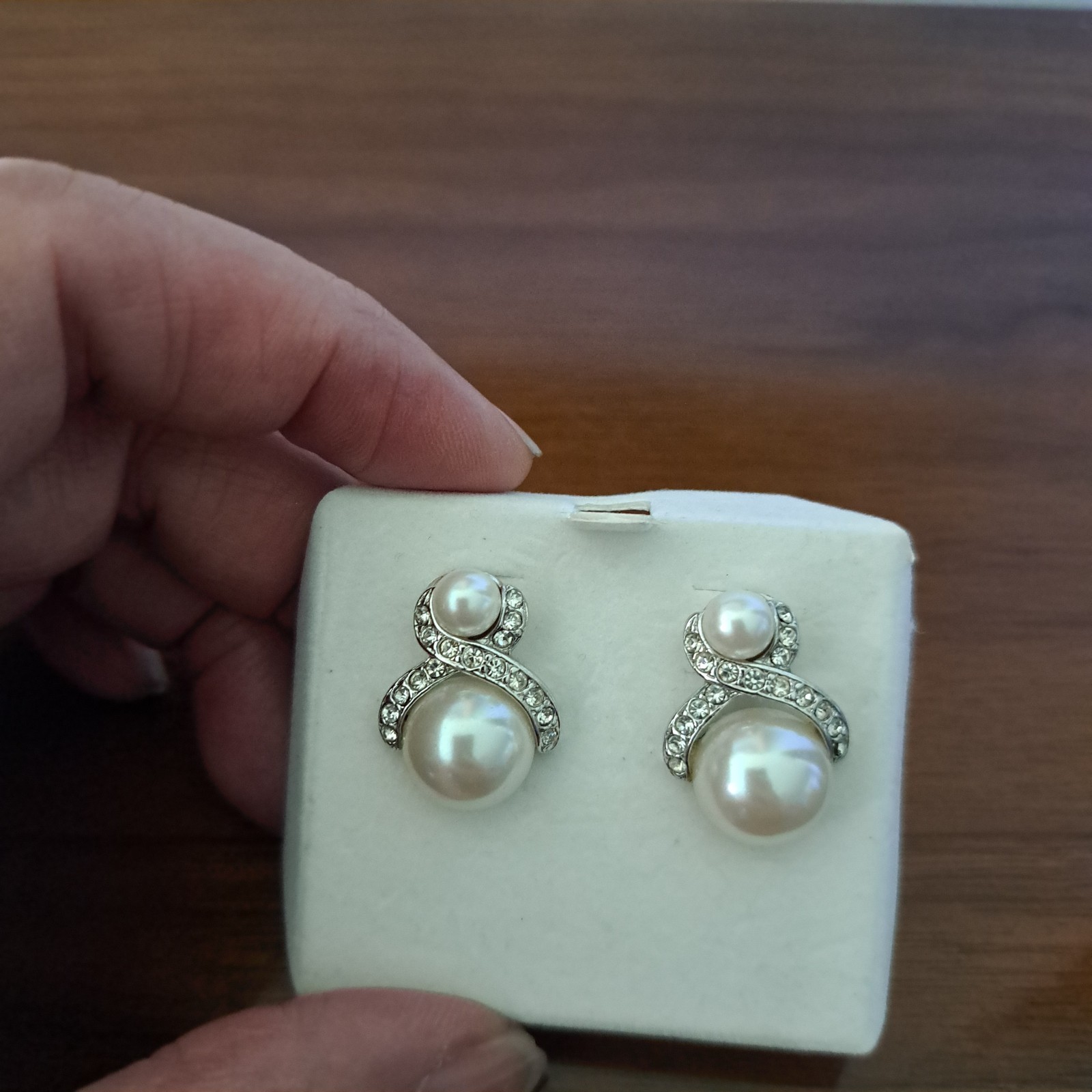 White Faux Two Pearl Stud Earrings Silver Tone With Little Rhinestons Pierced