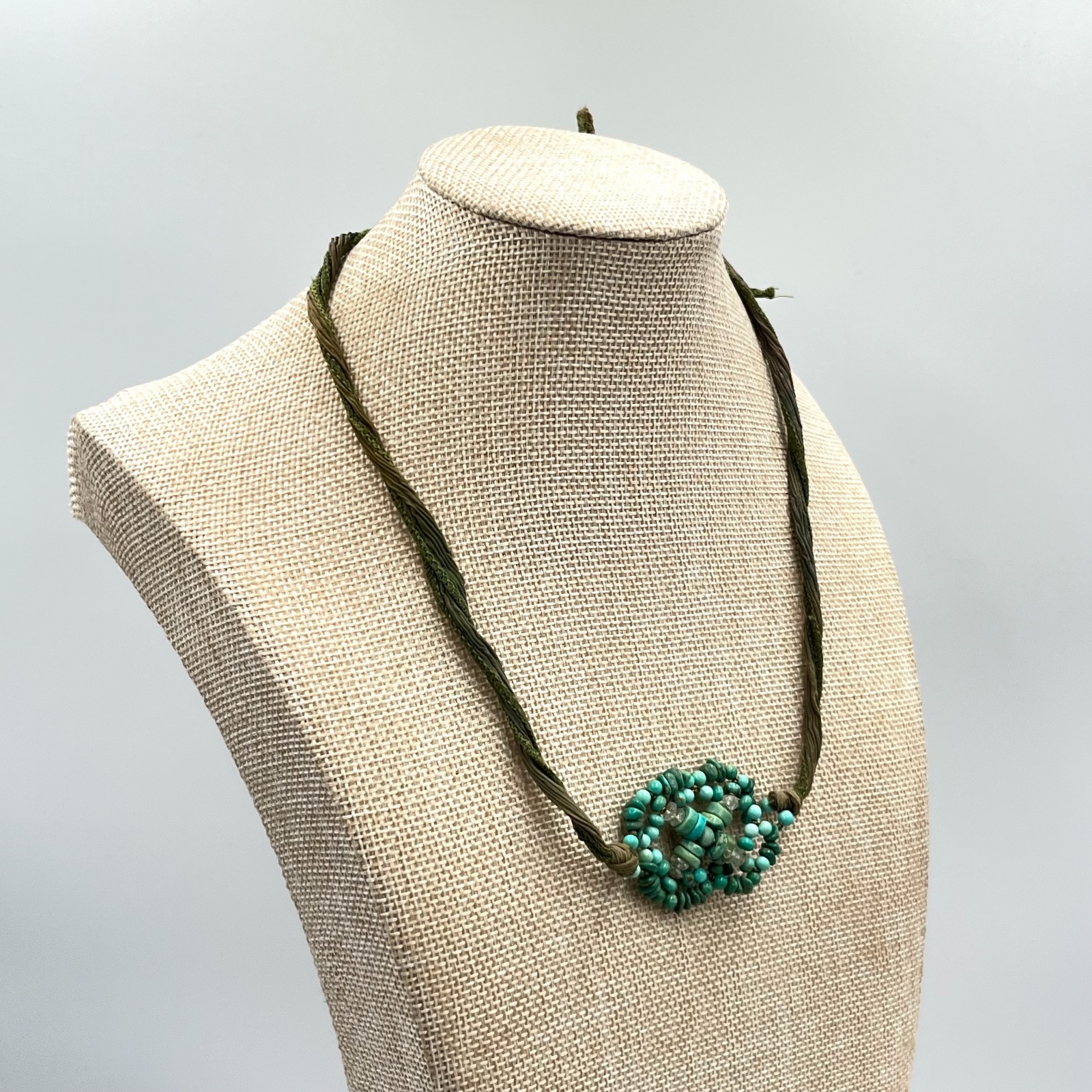 VTG Boho Artisan Turquoise Beads Silk Ribbon Wrap Necklace Earthy Mixed Green