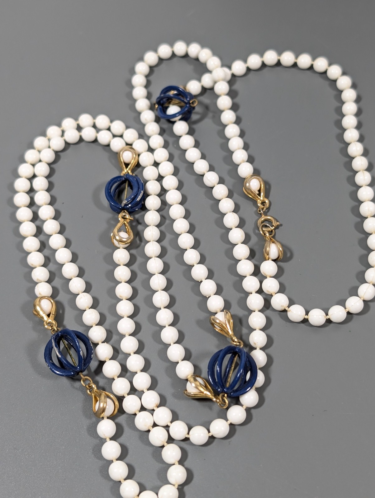Vintage White Beaded Very Long Necklace Blue Accent Layering 54 in Opera