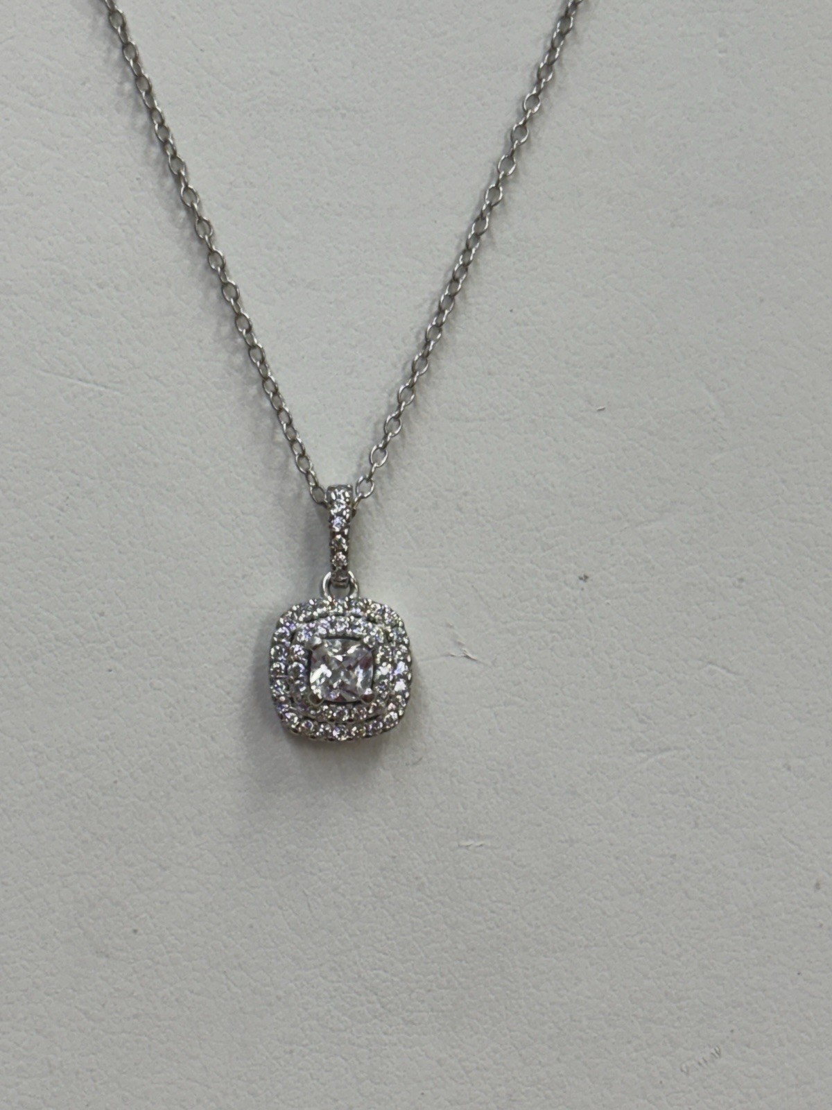 Sterling Cushion Cut CZ Double Halo Style Pendant Necklace 16-18”