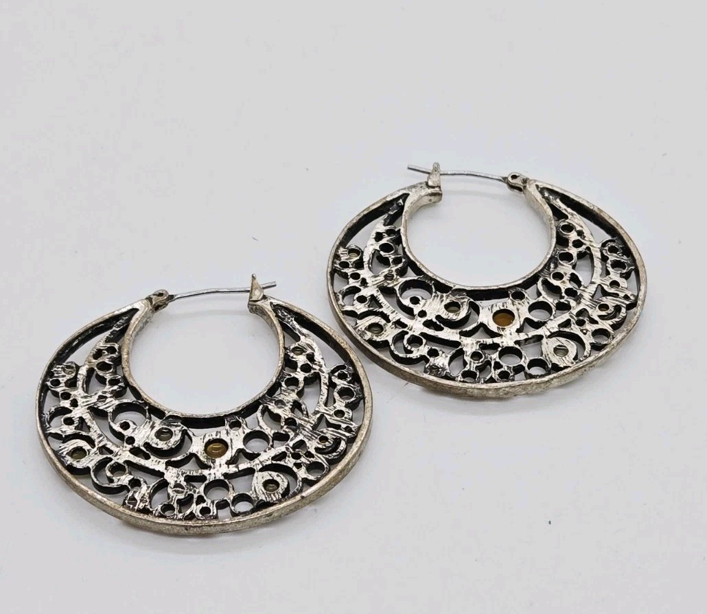 Crescent Hoop Earrings Lot 2 Pair Silver tone Pierced Bohemian Cellular 1.5 in